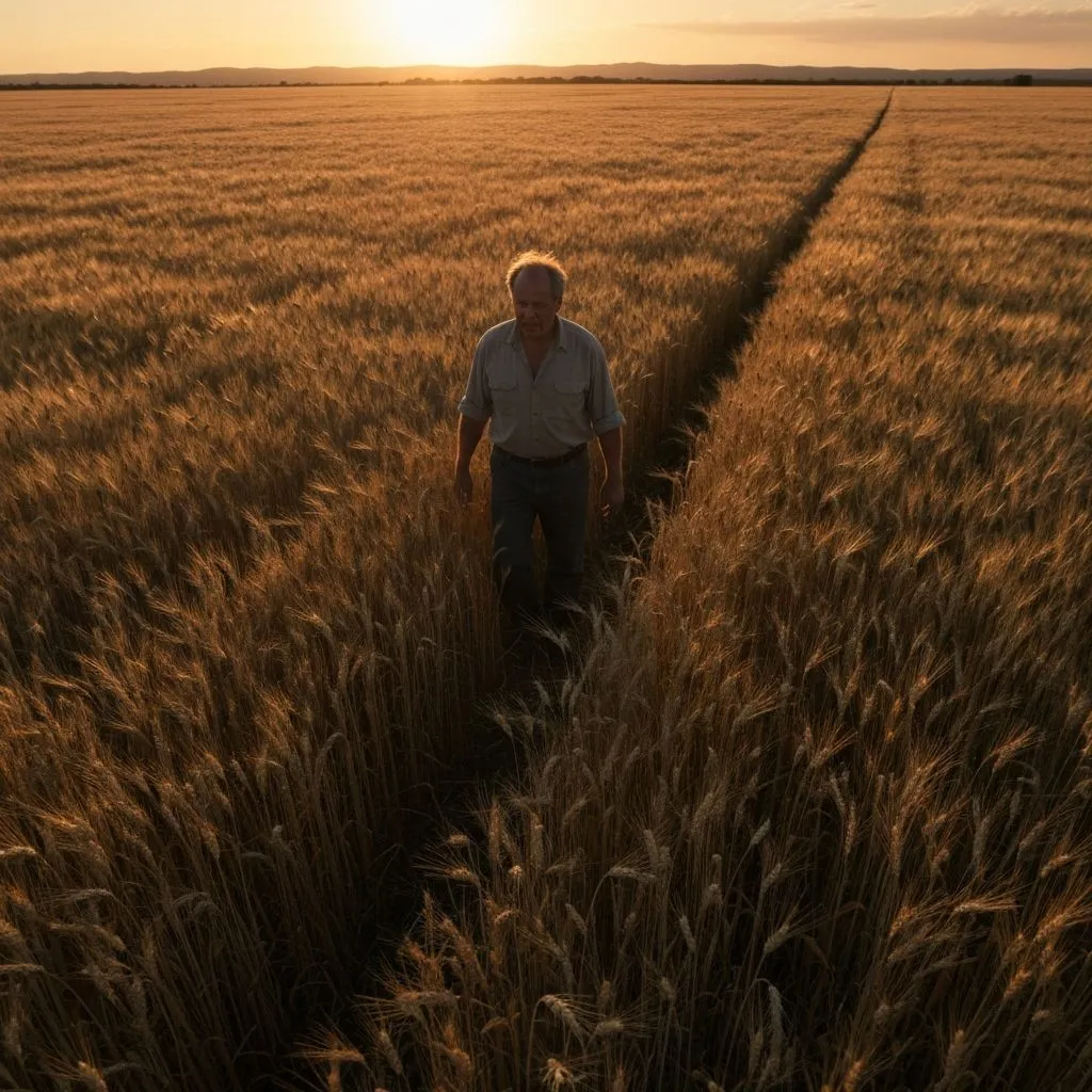 Farmer walking through fields